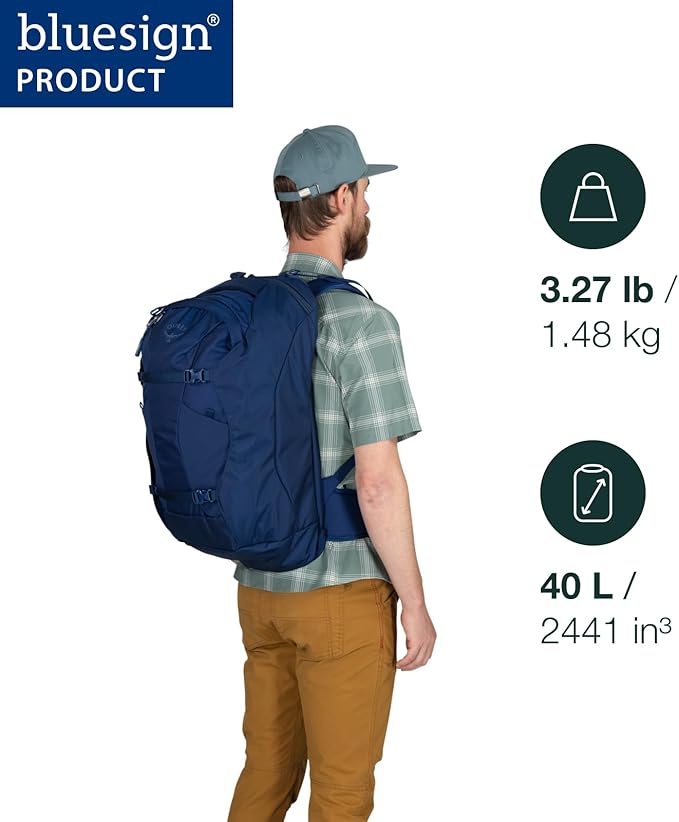 Osprey Farpoint 40L Men's Travel Backpack - Carry On Bag with Laptop Sleeve and Toiletry Pocket, Cascade Blue/Torrent Blue