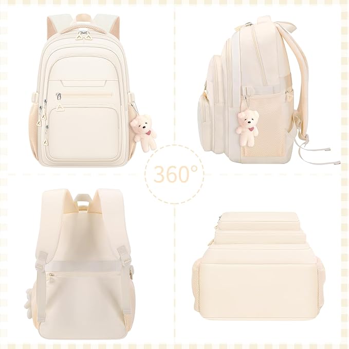 Cute Girls Backpack for School Kids Travel College backpack for Women Teen Beige Bookbags Aesthetic Laptop Bagpack