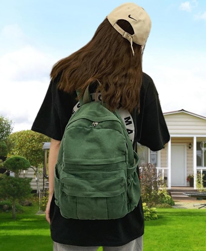 Green Canvas Backpack for Women Retro Aesthetic Rucksack Basic Backpack for High School/College Students Travel Laptop Bag