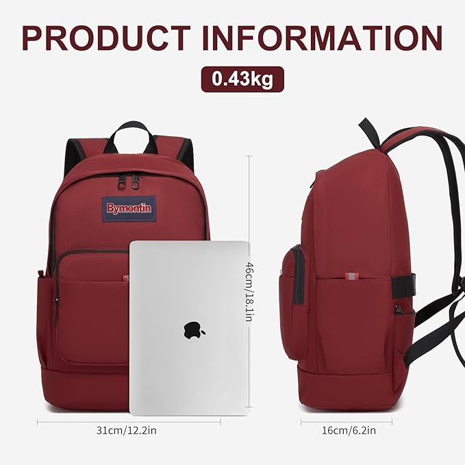 Classic Casual Backpack, Lightweight Daypack with 10 Pockets, Laptop Compartment, EVA Foam Pad (Wine red)