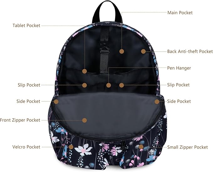 Women's Water-resistant Daypack Backpack, 15.6 Inch Laptop Compartment & Anti-Theft Pocket, Adjustable Padded Straps for Commuting, Travel, Work, College, Dreamy Flower