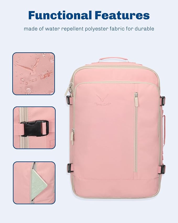 Hynes Eagle Carry on Backpack 38L Large Travel Backpack for Women Flight Approved Weekender Bag Laptop Backpack Men 15 inches Light Pink