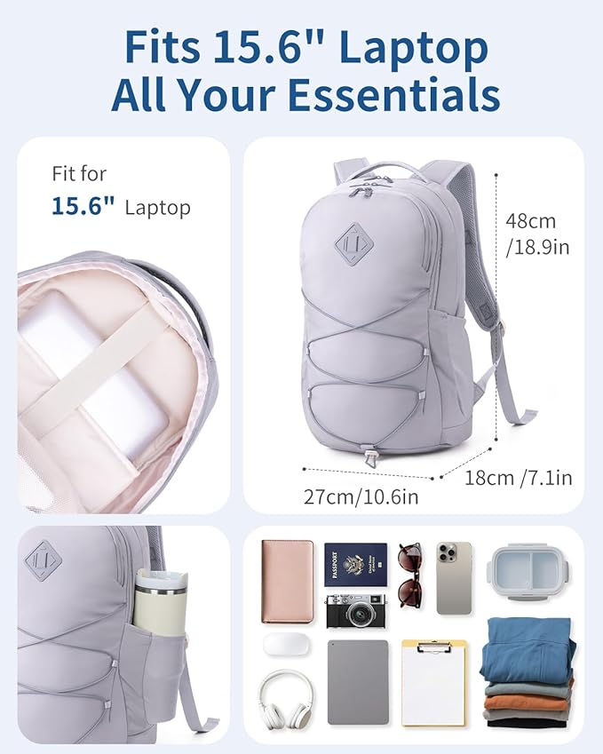 WANDF 15.6-Inch Laptop Backpack for Women, Travel Backpack Water-Resistant Lightweight College Work Backpack (Light Grey)