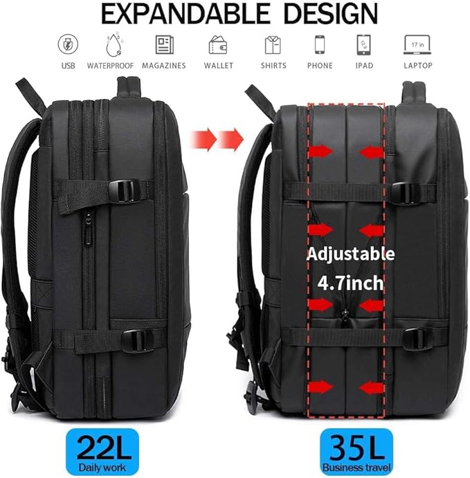 BANGE 35L Travel Backpacks,Weekender Expandable Carry-On Backpack for Airplanes, Waterproof 17.3 inch Laptop Backpack for Men and Women