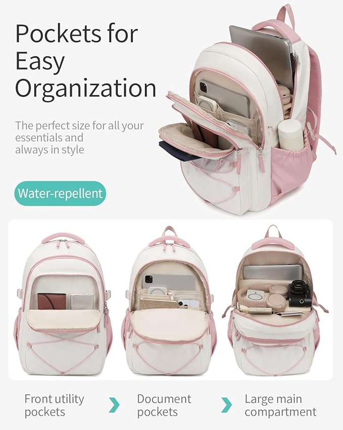 Teen Backpack for Girls, Women Bookbag for College Students Middle High School, Aesthetic Schoolbag Back Pack, White Pink