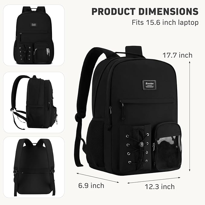 Backpack for School Teens Boys and Girls, Black Backpack for Men and Women College Bookbag Travel Laptop Back Pack Fits 15.6 Inch Laptop