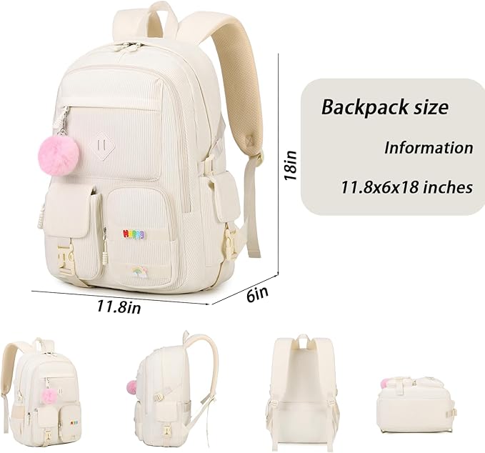 Girls Laptop Backpack Corduroy Bookbag For Teen Big Studen School Bag Durable Travel Daypack (2white)