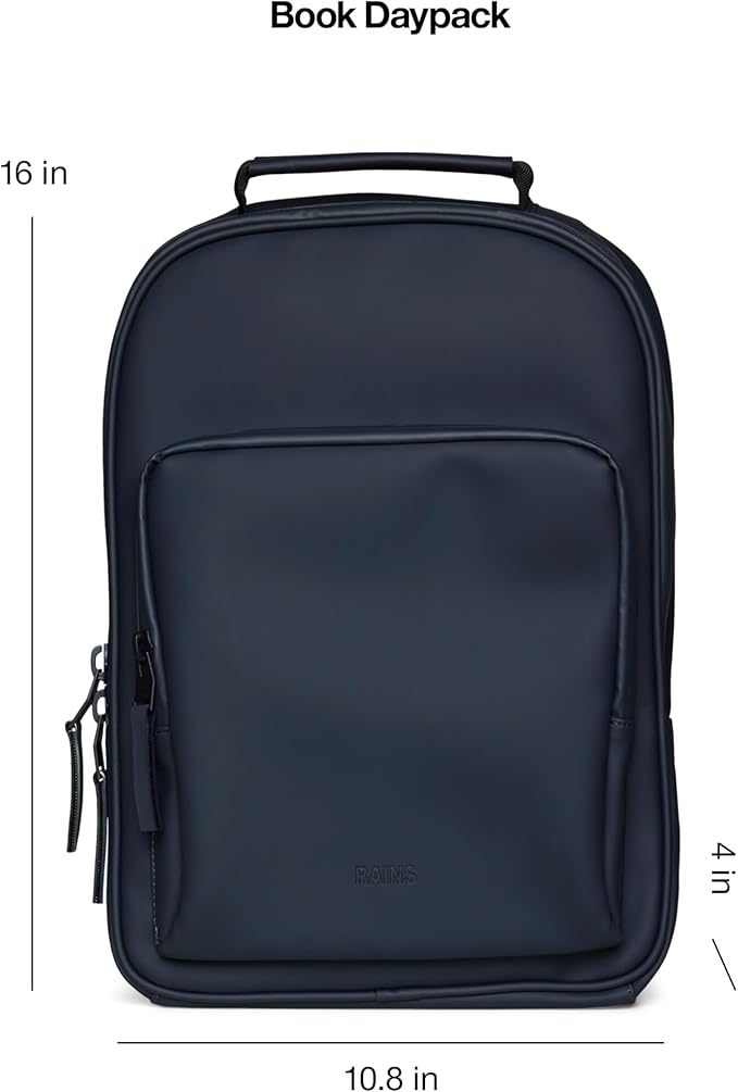 RAINS Book Daypack Regular Navy Laptop Backpack for Men and Women, Waterproof Black Minimalist Commuter Bag with 15”-16"