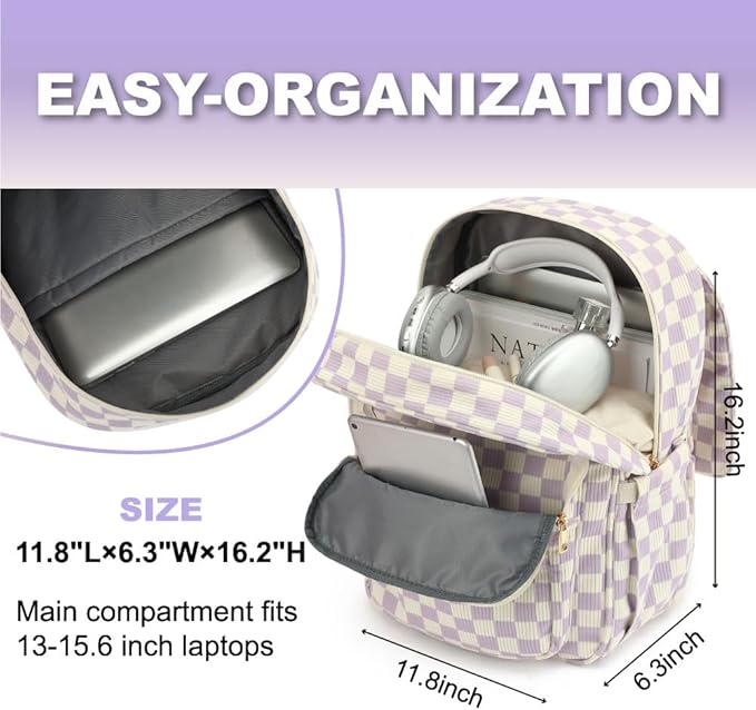Women Laptop Backpack, Corduroy 15.6" Travel Backpack for Work College Business, Teacher Nurse Bag with Large Capacity School Bookbag Bags for Girls - Checkered Purple