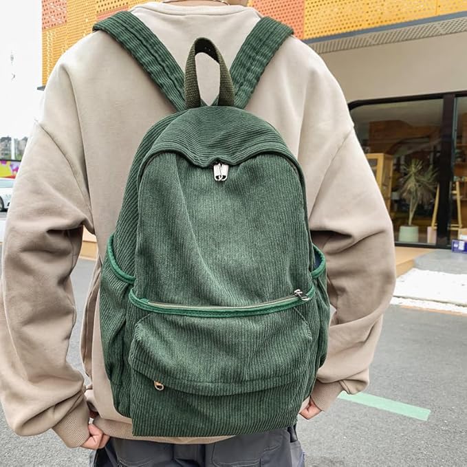 Aesthetic Backpack Cute Backpack Corduroy Backpack School Supplies Laptop Bag for Teens Girls Women Students Solid Color(Green)