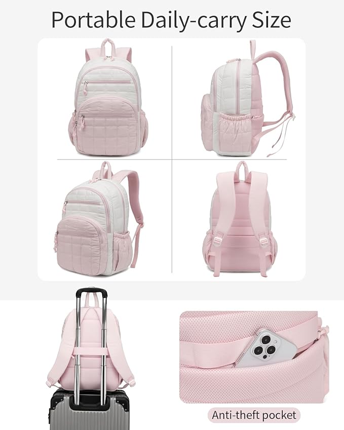 Bookbag for Women, Teen Girls Backpack for High School College Student, Puffer Quilted Back Pack Cute Laptop Backpack for Work Travel Mom Casual Daypack, Beige Pink