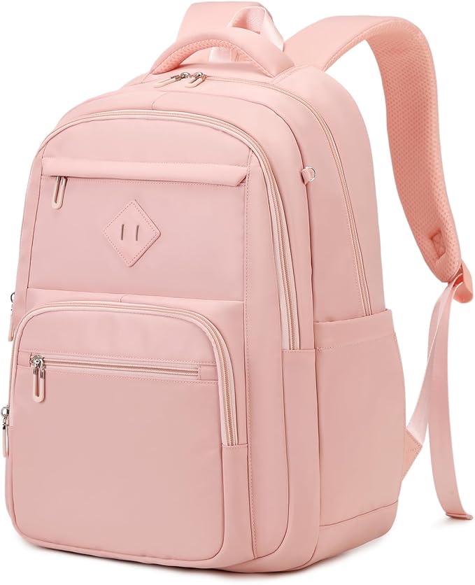 School Backpack for Girls, Lightweight Kids Bookbag Classic College Backpack for Teen Women with Luggage Strap, Age 8-18 Years Old, Pink