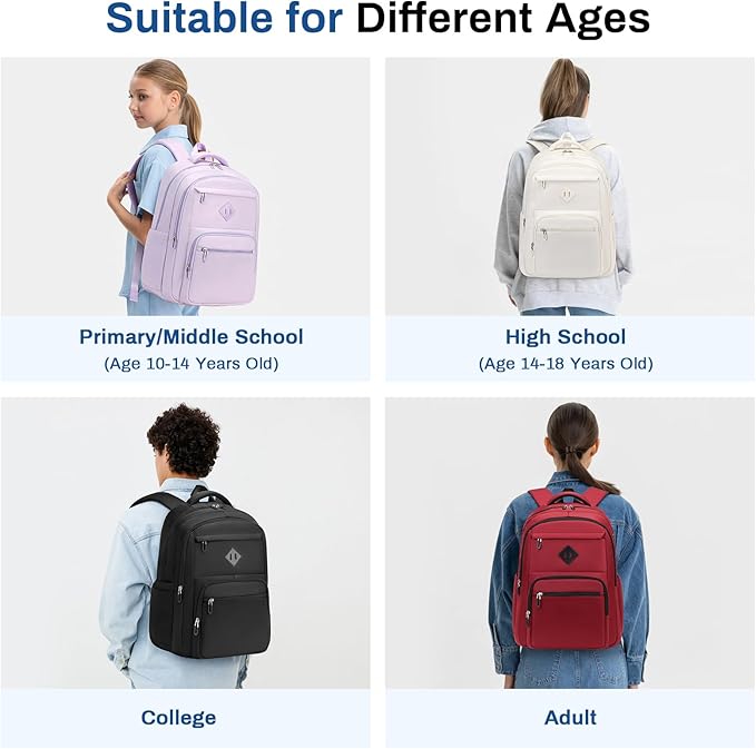 School Backpack for Girls, Lightweight Kids Bookbag for Boys Classic College Backpack for Teen Men Women with Luggage Strap, Age 8-18 Years Old, Black
