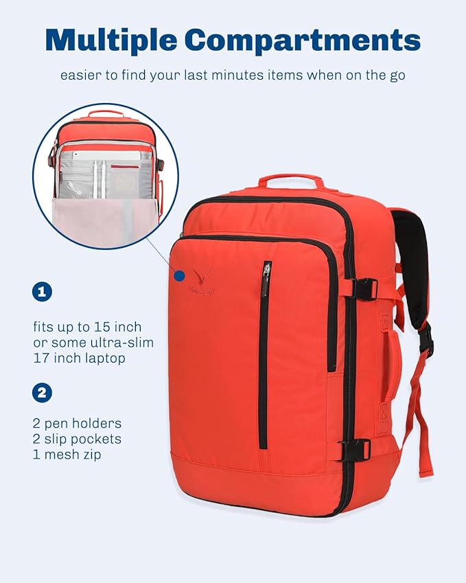 Hynes Eagle Carry on Backpack 38L Large Travel Backpack for Women Flight Approved Weekender Bag Laptop Backpack Men 15 inches Orange