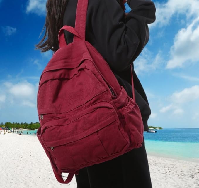 Burgundy Red Canvas Backpack for Women Retro Aesthetic Rucksack Basic Backpack for High School/College Students Travel Laptop Bag
