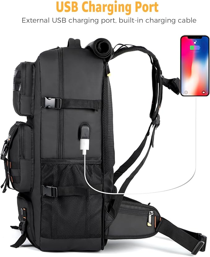 Travel Backpack for Men, 50L Carry On Flight Approved Convertible Duffle Bag with Shoe Compartment, 17 inch Laptop Luggage with USB Charging Port for Weekender Hiking, Black
