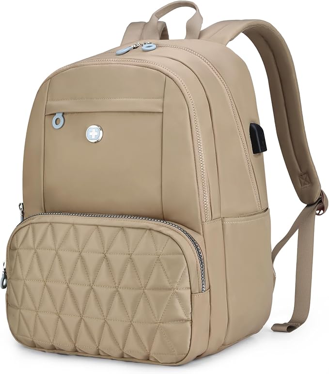 Swissdigital Design Backpack for Women, 15.6 inch Laptop College Khaki Medium Simple Modern Backpacks for School with USB Charging Port for Womens Girls | SD1711-75