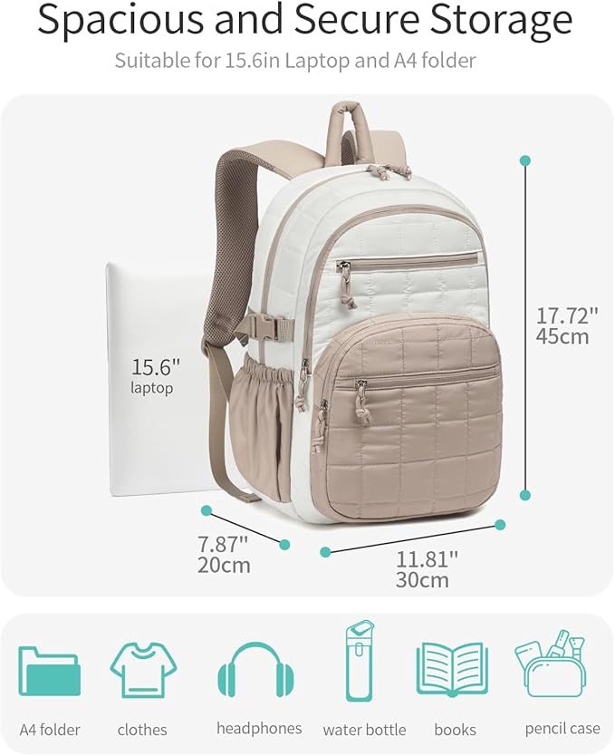 Laptop Backpack for Women, College Bookbag with Tumbler Holder Pocket for Nurse Teacher Work Travel, Quilted Puffer High School Backpack for Girls Big Student, White Camle