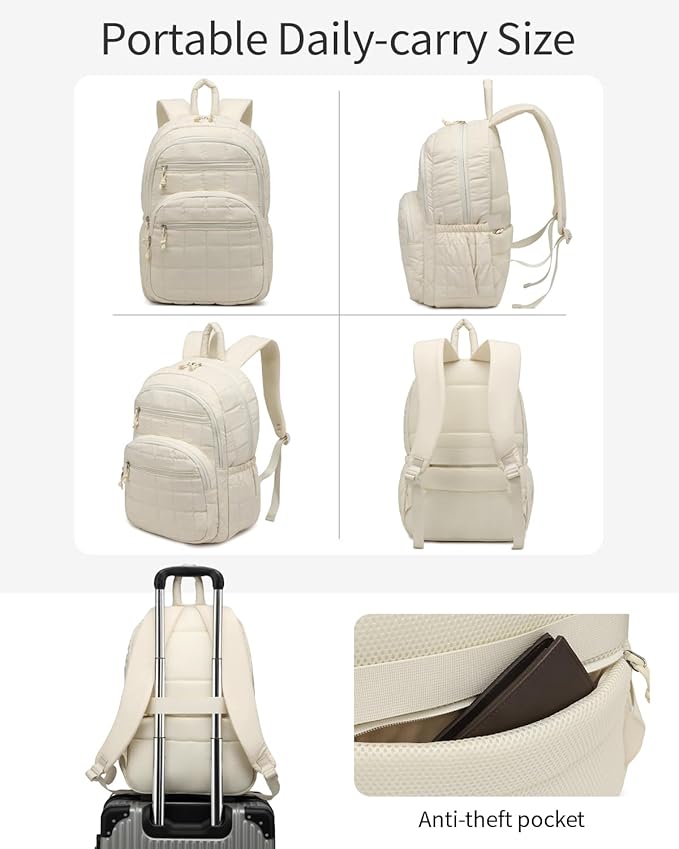 Cute School Backpacks for Teen Girls, 15.6in Laptop Backpack for College Women Bookbag Quilted Computer Bag for Work Casual, Beige