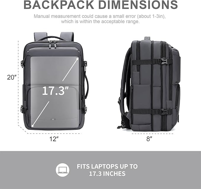 Carry On Travel Backpack, 35L-40L Expandable Extra Large Airline Approved,Lightweight Daypack for Men and Women（Gray）