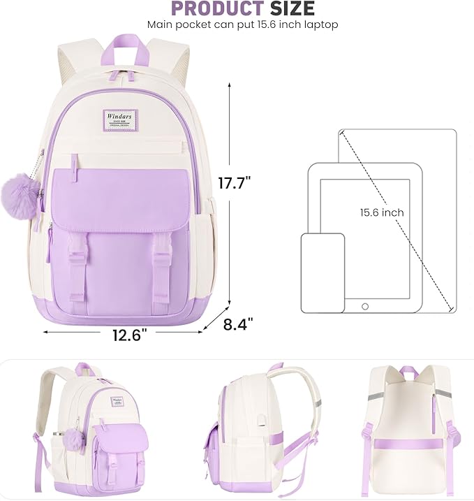 School Backpack for Teen Girls, Cute College Backpacks for Women Students Aesthetic Bookbag Large 15.6 Inch Laptop Bag Middle School Travel Back Pack (Purple Beige)