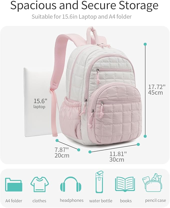 Bookbag for Women, Teen Girls Backpack for High School College Student, Puffer Quilted Back Pack Cute Laptop Backpack for Work Travel Mom Casual Daypack, Beige Pink