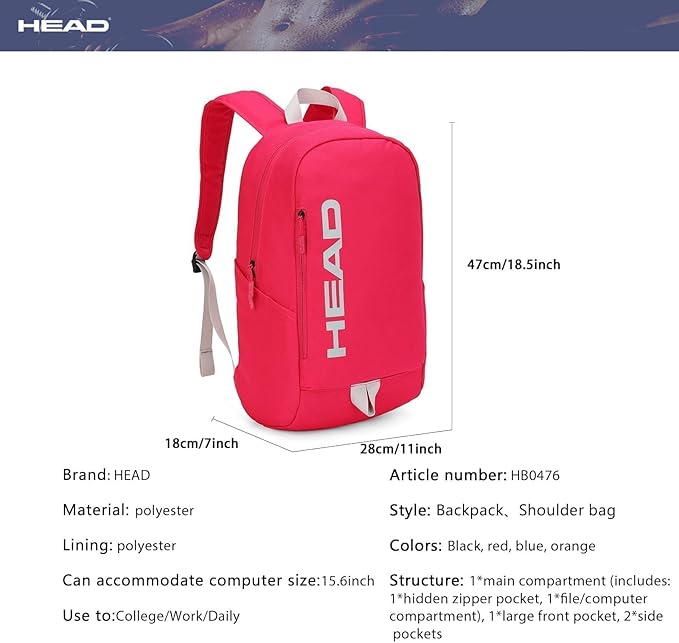 HEAD Waterproof Gym Backpack for Women, Medium Sport Backpack for Hiking/Fitness/Travel/Daily, College Laptop Bag for 15.6 inch Notebook,Red
