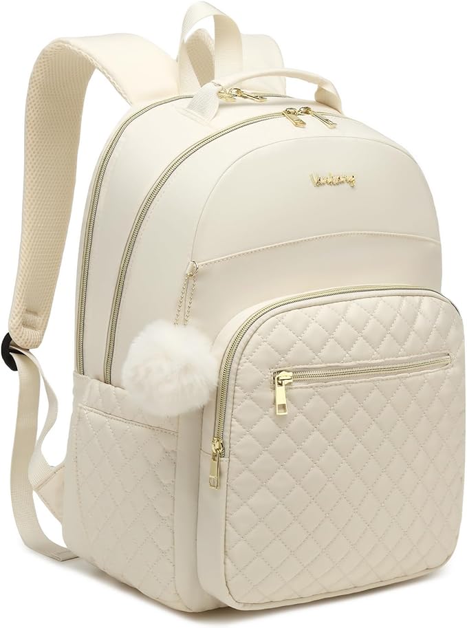Travel Laptop Backpack Women, Water Resistant Bookbag Schoolbag with Charging Hole for Teen Girls College Students Work Bag, Beige
