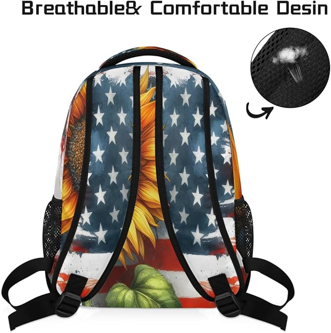 Pardick American Flag Sunflower Backpack for Kids Girls Boys Lightweight School College Students 18in Bookbag Large Capacity Computer Backpacks Laptop Rucksack Travel Gym Hiking Camping Daypack