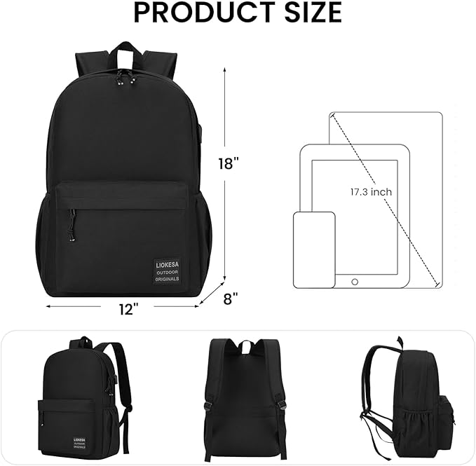 Large Casual Laptop Backpack,School Backpack Large Bookbag with USB for High School College Students Office Business Fits 17.3 Inch Notebook, Black