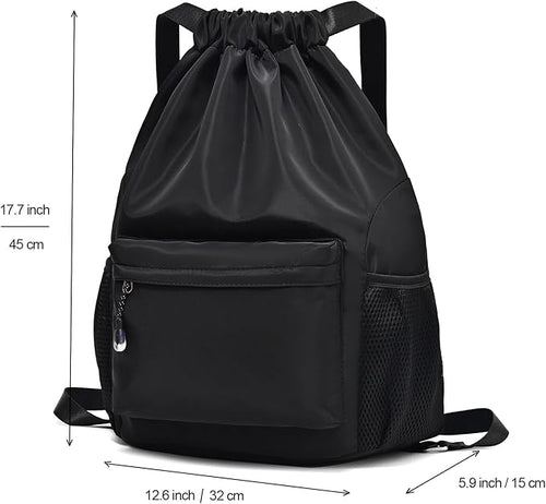 Black Drawstring Backpack for Women, Waterproof Drawstring Gym Bag for Men, Small Cinch Sack for Basketball, Pull String Sport Bag for Soccer.