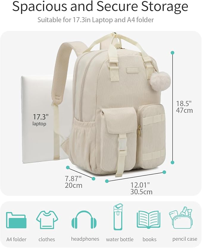 Cute Backpacks for Women, 17.3in Laptop Bag for Teen Girl Corduroy Bookbag for Middle High School College Students, Beige