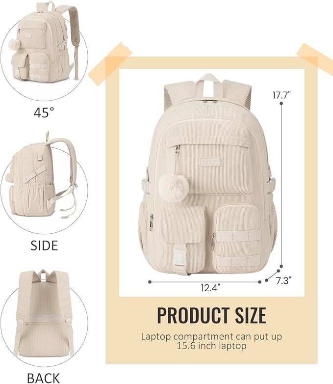 School Backpack for Teens Girls, Large Corduroy Bookbag Lightweight 15.6 inch Laptop Bag for Women Elementary Middle High School College Backpacks Students Travel Daypack - Beige