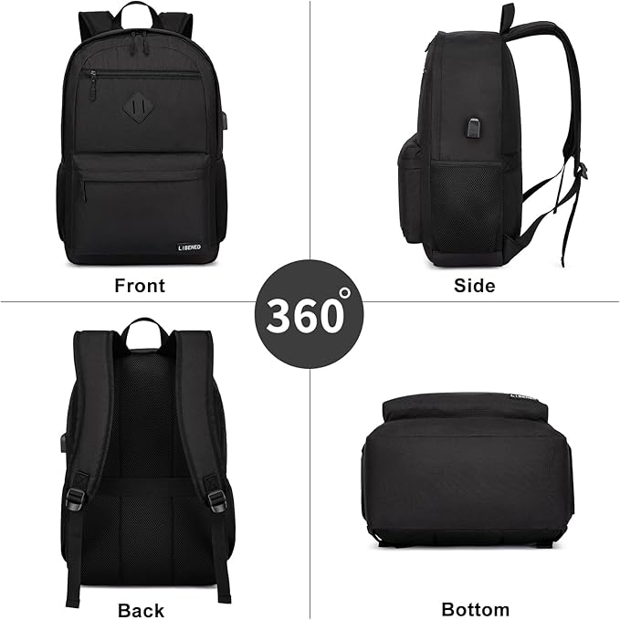 School Backpack Teen Boys and Girls, Classical Basic Black Backpack, 15.6 Inch Laptop Bookbag for Women Men, and College High School