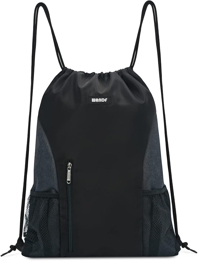 WANDF Drawstring Backpack Sports Gym Sackpack with Mesh Pockets Water Resistant String Bag for Women Men(Black)