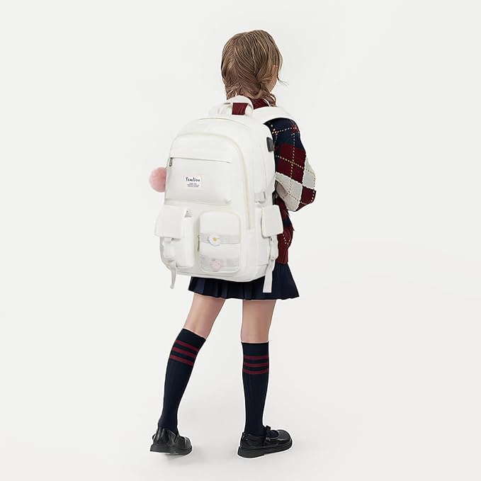 YAMTION School Backpack for Teen Girls,15.6in Laptop Backpack Kids Bookbag for Middle School College Students,Cute School Bag for Women (Beige, Fits 15.6in PC)