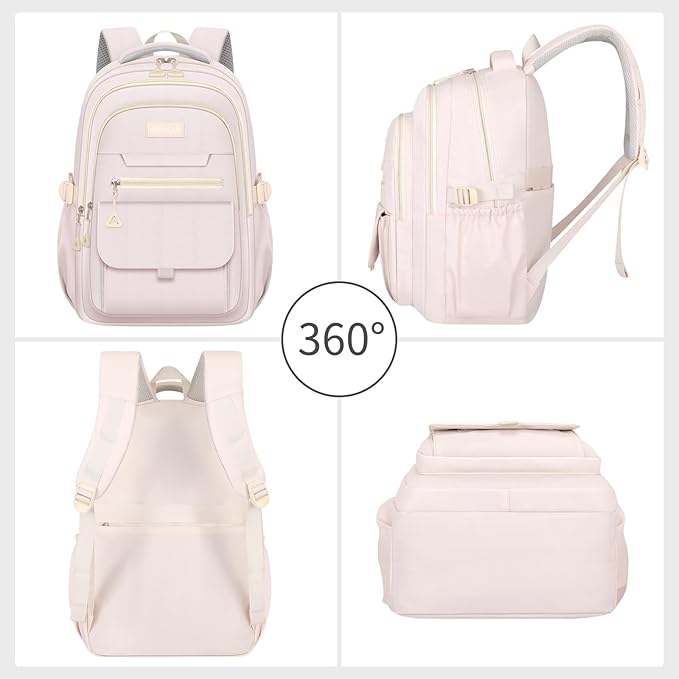 School backpack for Girls, Aesthetic Backpack for Women Cute Bookbag Preppy College (Beige)