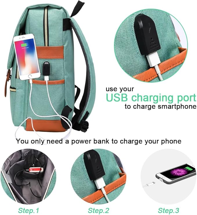 Modoker Eco-Friendly Vintage Laptop Backpack for Women Men,Travel Backpacks with USB Charging Port Fashion Backpacks for Working Women Fits 15.6Inch Notebook, Green