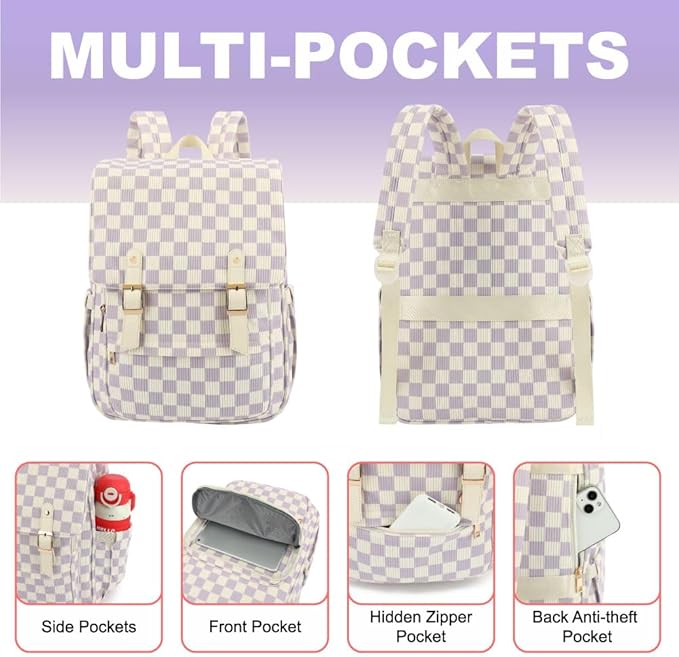 Women Laptop Backpack, Corduroy 15.6" Travel Backpack for Work College Business, Teacher Nurse Bag with Large Capacity School Bookbag Bags for Girls - Checkered Purple