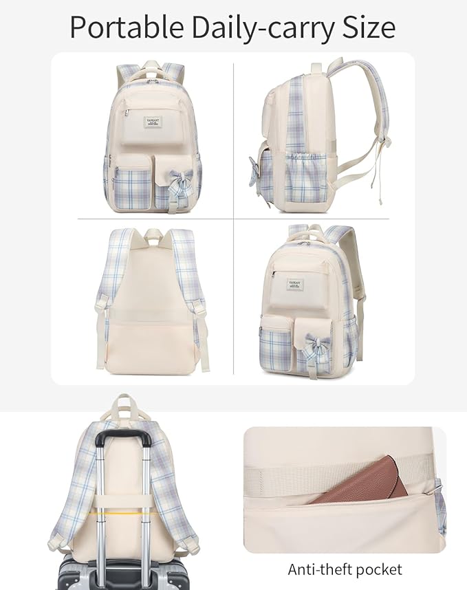 Schoolbag for Teen Girls, Cute Book Bag Backpack with 17.3in Laptop Compartment for Big Student Women College Mochilas Escolares para Niñas (Beige)