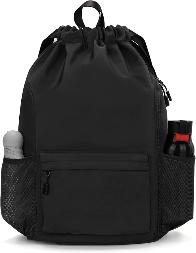Valleycomfy Waterproof Drawstring Gym Backpack Bag for Men & Women,Sports Gym Bag with Side Pocket Black