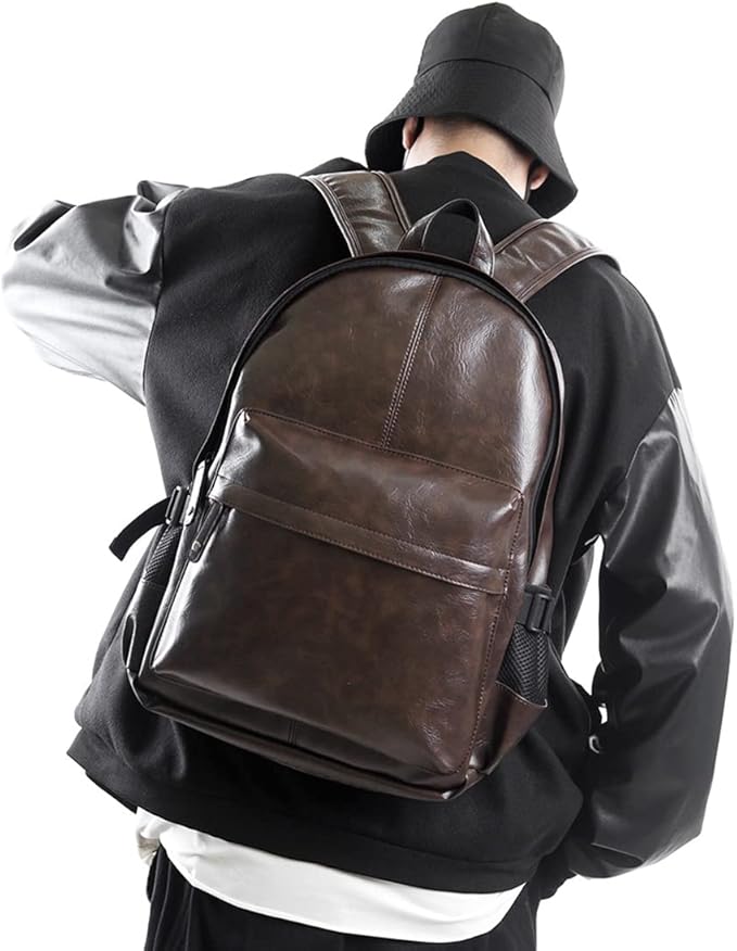 Leather Laptop Backpack for Men Women, School College Bookbag Casual Travel Daypack (Brown)