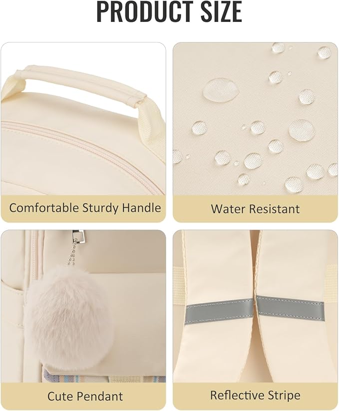 School Backpack for Teen Girls, Cute Kawaii Plaid Bookbag College Backpacks for Women 15.6 Inch Laptop Bag for Kindergarten Elementary Preschool Middle High School Students, Beige