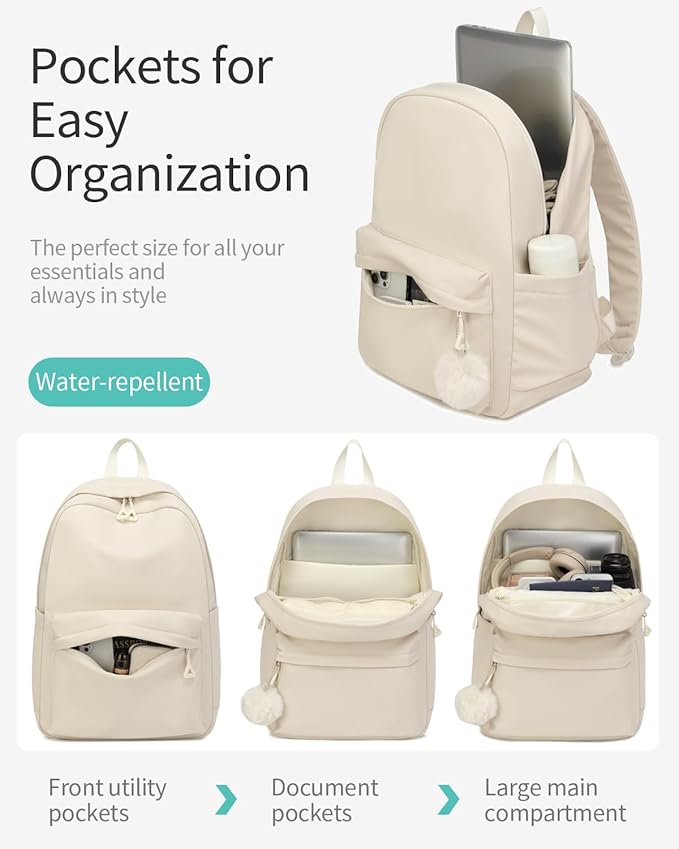 Girls Backpack with Lunch Box, Teens School Bag Laptop Backpack Cute Bookbag for Kids Elementary Middle High School, Beige 3-pack
