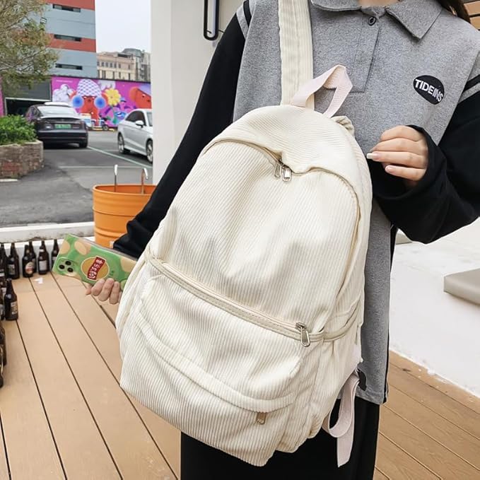 Aesthetic Backpack Cute Backpack Corduroy Backpack School Supplies Laptop Bag for Teens Girls Women Students Solid Color(White)