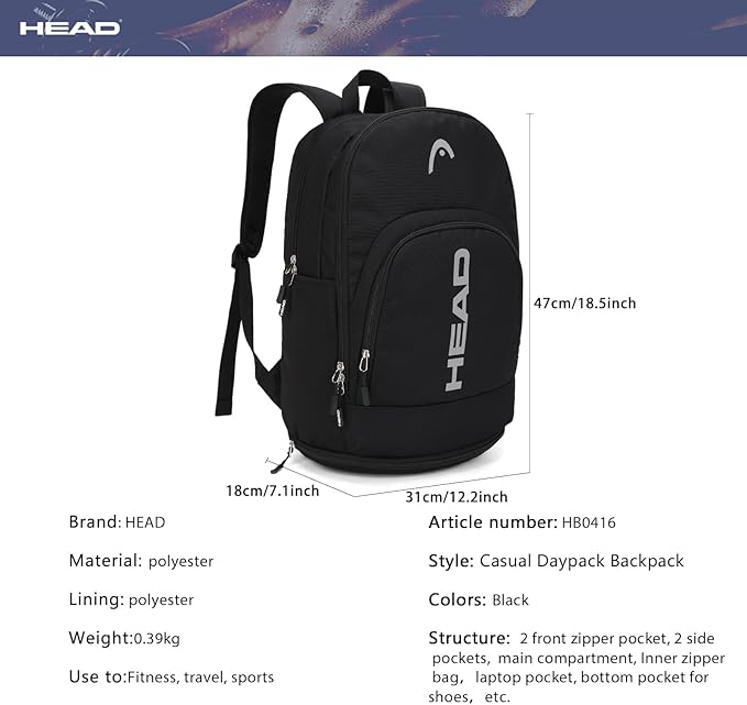 HEAD Waterproof Travel Backpack for Men, Lightweight 15.6 Inch Laptop Backpack with Shoes Compartment, Casual Daypack College Backpacks with 8 Pockets for Overnight/Sports Gym/Work/Fitness