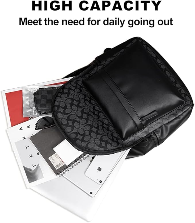 Leather Laptop Backpack for Men Women, School College Bookbag Casual Travel Daypack (Black)