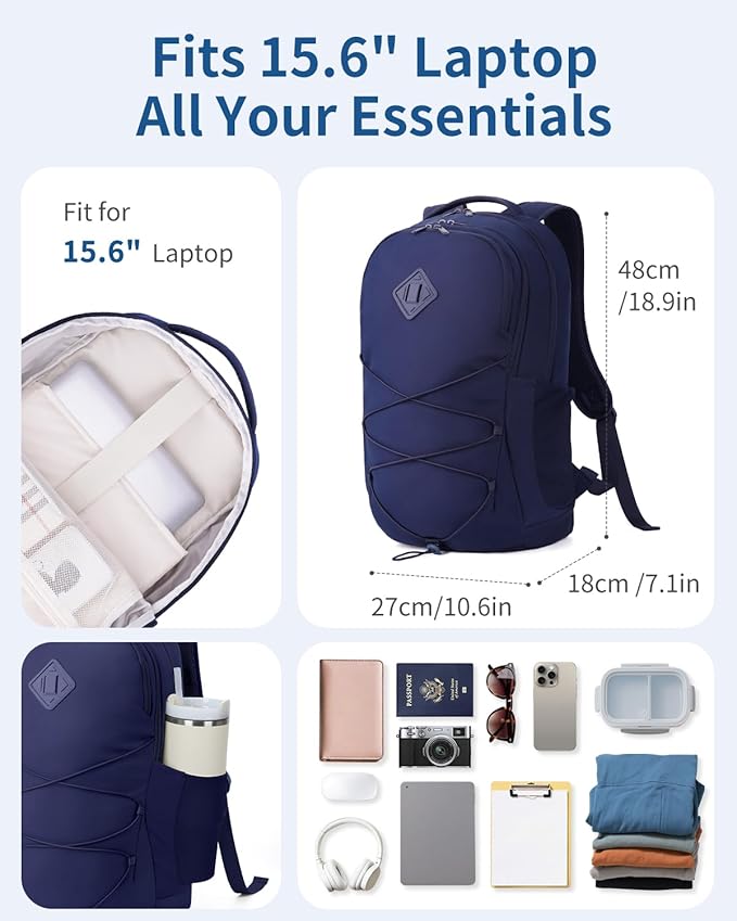 WANDF 15.6-Inch Laptop Backpack for Women, Travel Backpack Water-Resistant Lightweight College Backpack for Work Casual Business Weekender (Navy Blue)