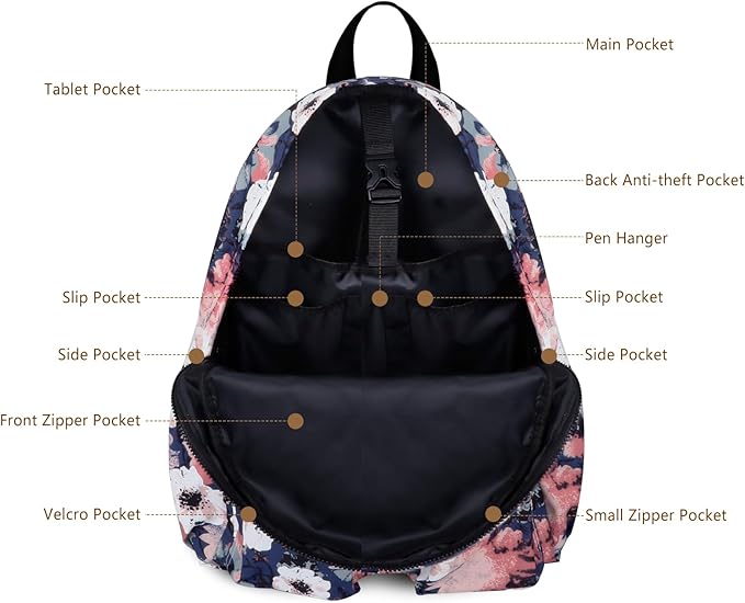 Women's Water-resistant Daypack Backpack, 15.6 Inch Laptop Compartment & Anti-Theft Pocket, Adjustable Padded Straps for Commuting, Travel, Work, College, Anemone