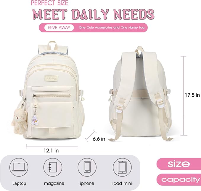 Girls Backpack for College High Middle School Student, Cute Aesthetic Bookbag for Teens Women with Accessories,Green